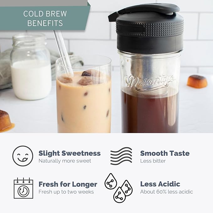 Masontops Cold Brew Makers Kit - Deluxe Iced Coffee Maker with Glass Pitcher &amp Stainless Steel Mesh Filter - Easy Pour Fridge Cold Brewer System
