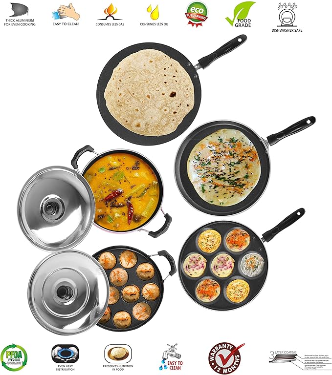 Sumeet Non-Stick Aluminum Cookware Set (Dosa Tawa - 26.5 cm Multi Snack Maker - 26.5 cm D Kadhai with Lid 1.5 L Grill Appam Patra with Lid - 23 cm Concave Tawa -28 cm 2.6 mm Thick Ruby Red)