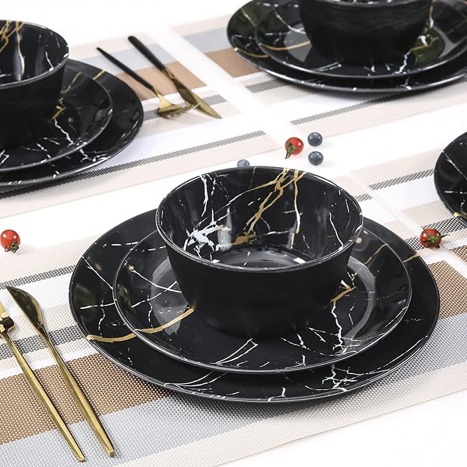 Melamine Dinnerware Set - 12pcs Plates and Bowls Sets Best for Indoor and Outdoor Party BPA-Free Dishwasher Safe Kitchen Dinner Set with Black Marble Pattern