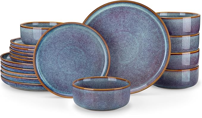 vancasso PLAYA Plates and Bowls Sets 18 Pieces Grey-Blue Dinnerware Sets for Kitchen Reactive Glaze Dishes Set for 6 Dishwasher and Microwave Safe