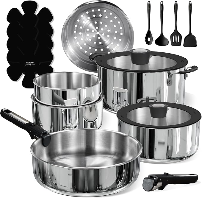 CAROTE 18pcs Stainless Steel Cookware Set with Detachable Handle Nonstick Pots and Pans Set Induction Kitchen Cookware Sets with Removable Handle RV Cookware Set Oven Safe Camping Cookware Black