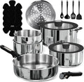 CAROTE 18pcs Stainless Steel Cookware Set with Detachable Handle Nonstick Pots and Pans Set Induction Kitchen Cookware Sets with Removable Handle RV Cookware Set Oven Safe Camping Cookware Black
