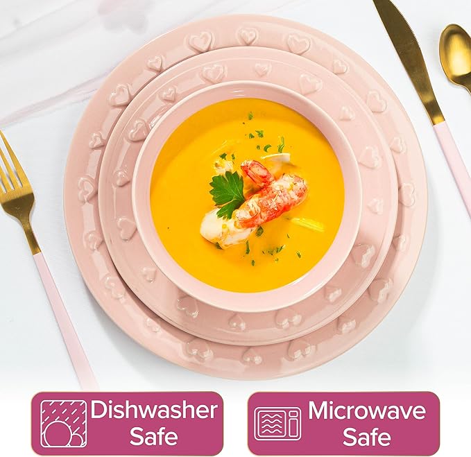 Paris Hilton 12-Piece Dinnerware Set Embossed Hearts. Iconic Ceramic Stoneware Service for 4 with Dinner Plates Salad Plates and Bowls Microwave &amp Dishwasher Safe Pink