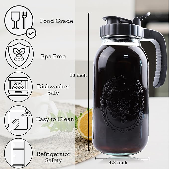 Cold Brew Coffee Maker Half Gallon 2 Set Glass Mason Jar Pitcher With Spout Lid Filter 2 Quart Wide Mouth Iced Tea Brewing Jug Heavy Duty Handle Airtight &amp Leak-Proof Pitcher For Fridge Sun Tea 64