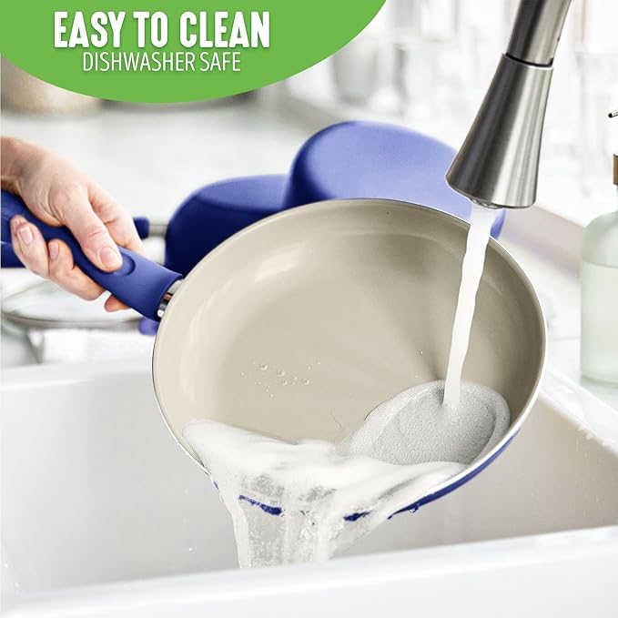 GreenLife Sandstone Healthy Ceramic Nonstick 15 Piece Kitchen Cookware Pots and Frying Sauce Pans Set PFAS- Free Dishwasher Safe Blue