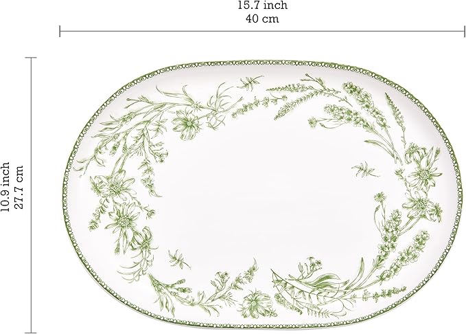 Bico Green Garden Toile De Jouy 16 plus 12 inch Oval Platters Set Set of 2 Microwave and Dishwasher Safe for Serving Fish Chicken Turkey