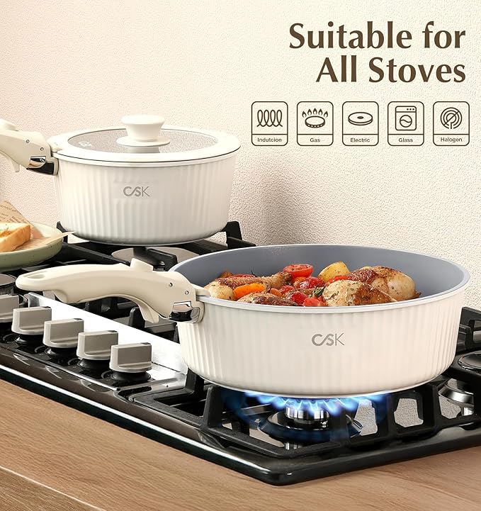 KOCH SYSTEME CS 17pcs Pots and Pans Set Non Stick Nonstick Ceramic Cookware Set Detachable Handle Induction Kitchen Pot and Pan Set Non Stick with Removable Handle RV Cookware Set Cream White