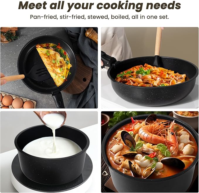 Kikcoin 21 pieces Pots and Pans Set Non-toxic 6 Nonstick pots Cookware Set with Detachable Handles Dishwasher Safe(Black)