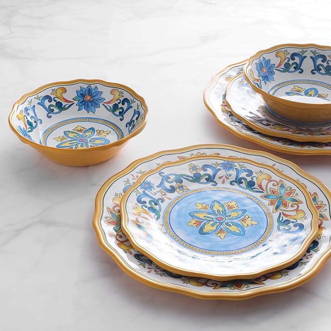 UPware 16 Piece Chianti Melamine Dinnerware Sets Outdoor Dishes Set Plates and Bowls Sets Service for 4 Multicolor