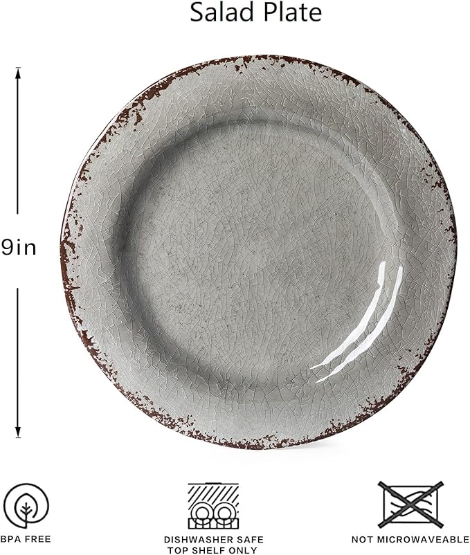 LEHAHA 9 inch Gray Melamine Plate 6 Piece Set Farmhouse Salad/Dessert Plates Break and Stain-resistant Dishes Set Great for Dining Party Ideal for Salad Dessert and Cakes