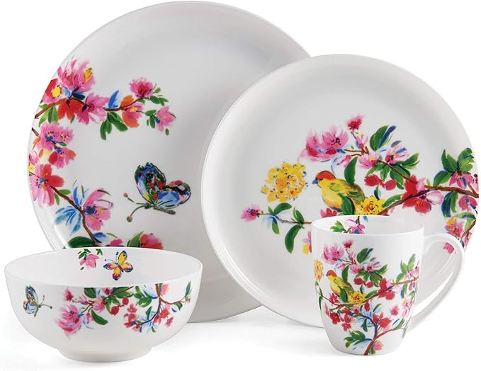 Mikasa Butterfly Garden Bone China Lightweight Chip Resistant 16-Piece Dinnerware Set Service For 4