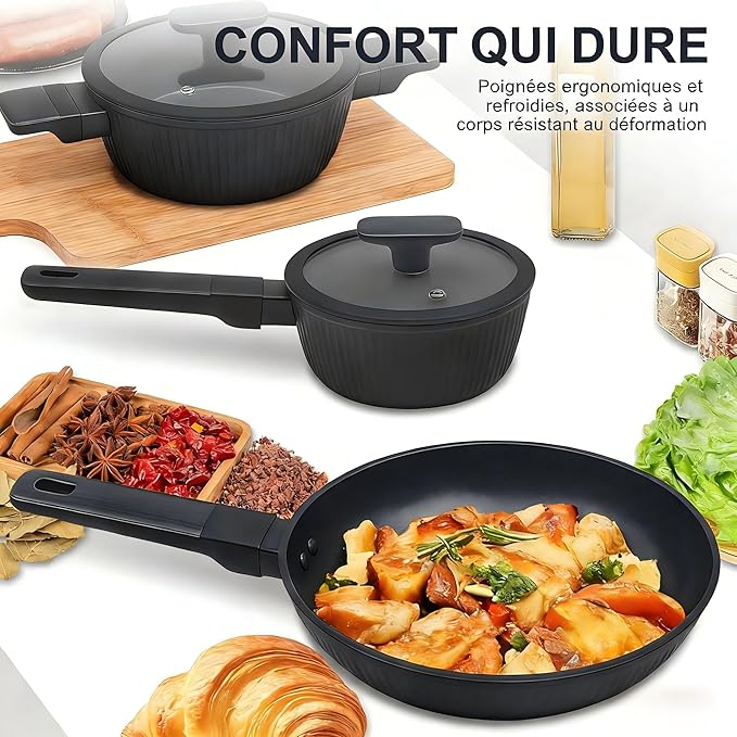 Nonstick Cookware Set Non Toxic 3-Piece Pots and Pans Set PFOA/PTFE Free Induction Ready &amp Dishwasher Safe Ceramic Coating for Easy Release