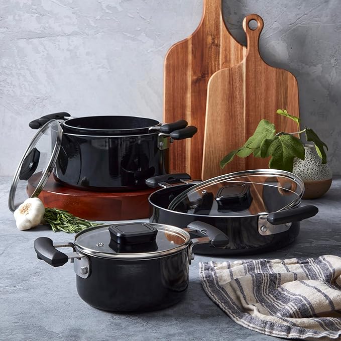 Denmark Tools for Cooks 7 Piece Ceramic Nonstick Aluminum Nesting Cookware Set Pots Pans Black