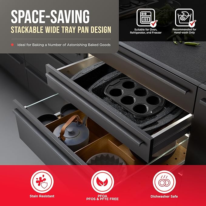 Bakken-Swiss Detachable 15-Piece Cookware Set – Granite Non-Stick – Eco-Friendly &amp Bakeware Set – 6 Piece – Stackable Deluxe Non-Stick Baking Pans for Professional and Home Cooking