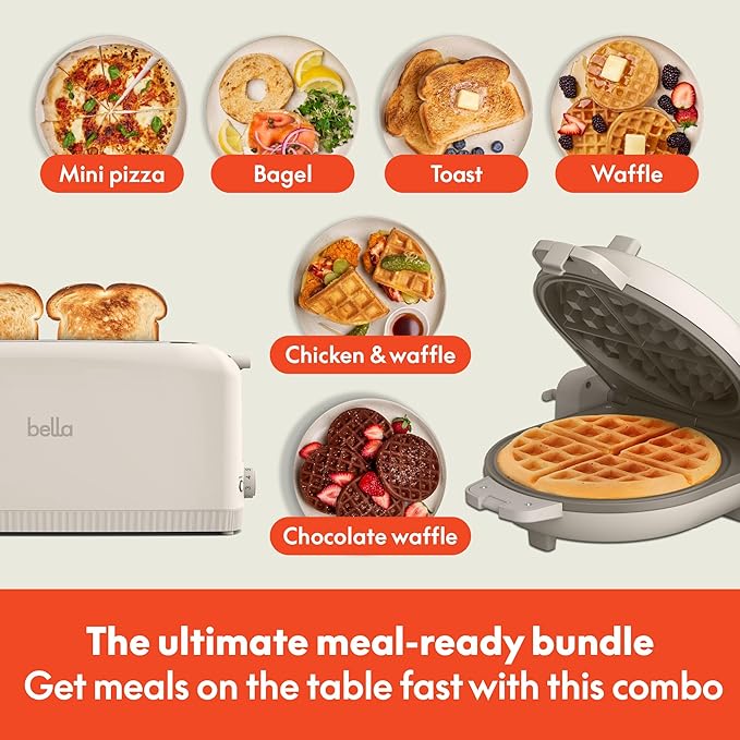 BELLA 2 slice Slim toaster + Flip-n-Store Ceramic Waffle Maker Fits-anywhere™ Kitchenware Waffle Iron w with EverGood™ Ceramic Nonstick Coating &amp Smart Toaster w 6 Shades Control Oatmilk