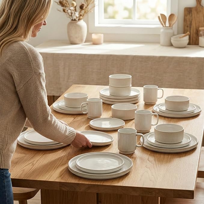 16-Piece Ribbed Ceramic Dishware Set Service for 4 Plates Bowls &amp Mugs Dinnerware Set for Kitchen Microwave and Dishwasher Safe - White