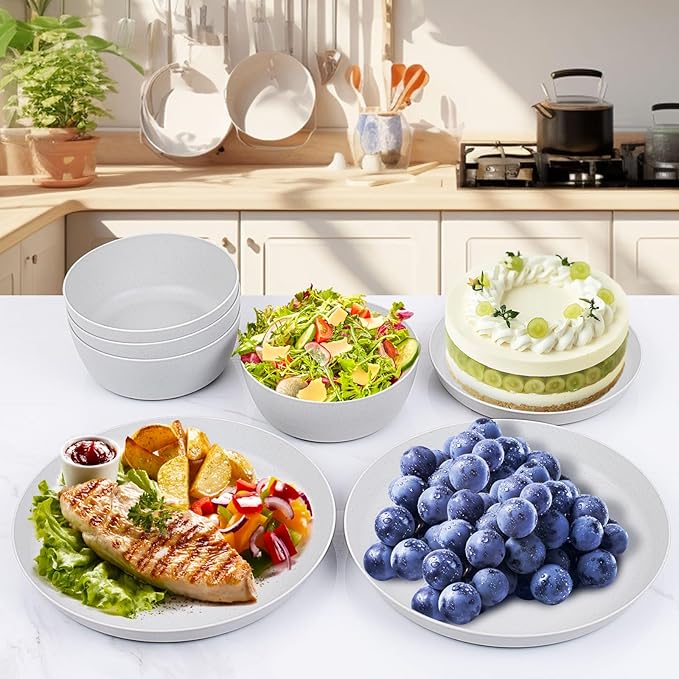 EI 12pcs Wheat Straw Dinnerware Set of 4Plastic Plates Reuasble UnbreakablePlastic Plates and Bowls Sets for CampingPicnincFamily Dinner