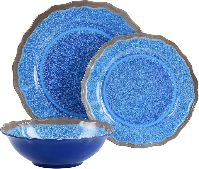 12 Piece Blue Melamine Dinnerware Set – Lightweight Chip Resistant Plates and Bowls with Scalloped Edge Design