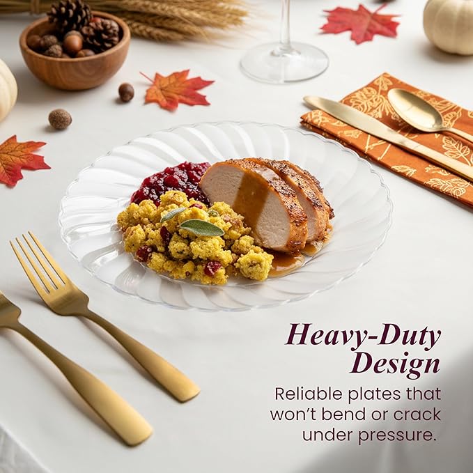Aya's Cutlery Kingdom 50 Pack Clear Plastic Plates 9 Inch - Heavy Duty Round Disposable Plates for Parties Weddings and Events - Elegant Party Plate for Serving Appetizers Salads and Desserts