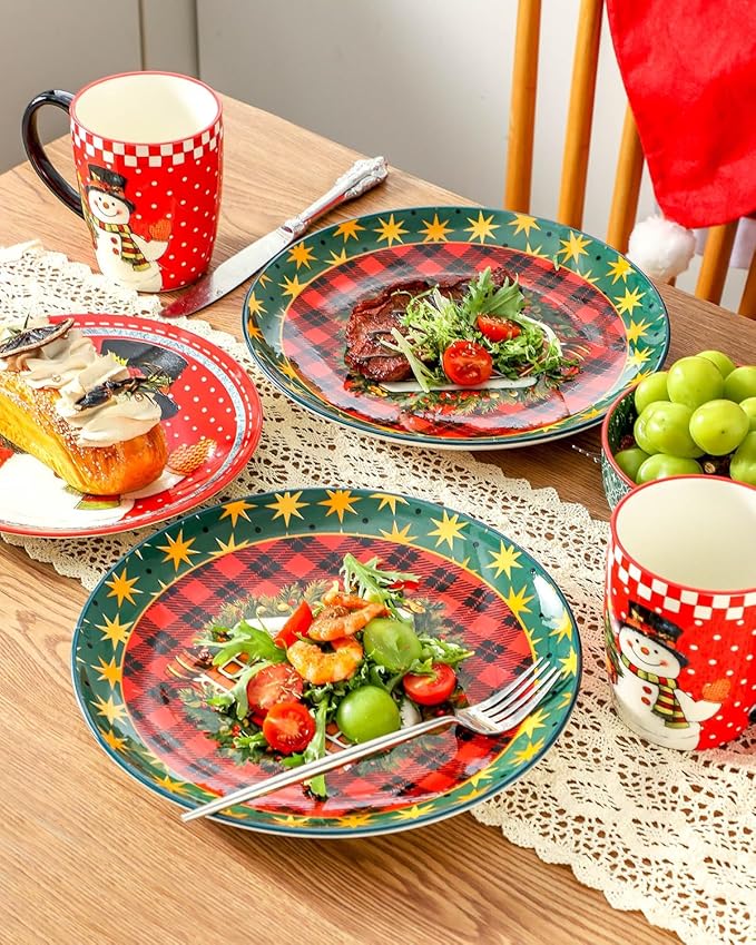 Hasense 12 Pieces Christmas Dinnerware Set Ceramic Dish Plates and Bowls Red &amp Green Design Dinnerware Sets for 4 Dishwasher &amp Microwave Safe Dishes Ideal for Christmas Gift