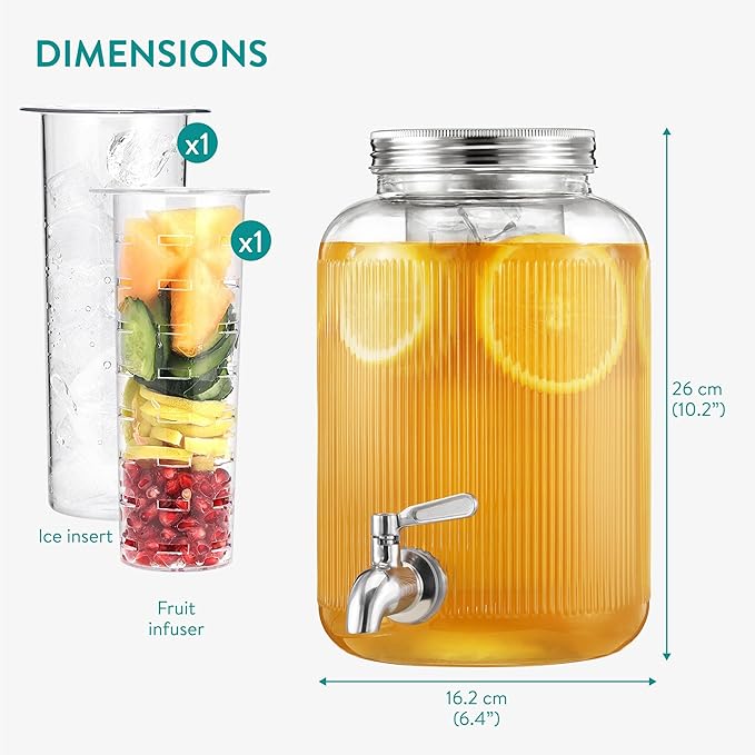 Navaris Glass Drink Dispenser with Tap - 4L (1 gal) Ripple Design Beverage Dispenser with Ice Insert &amp Fruit Infuser - for Cold Brew Coffee Cocktails Juice Water &amp other Drinks