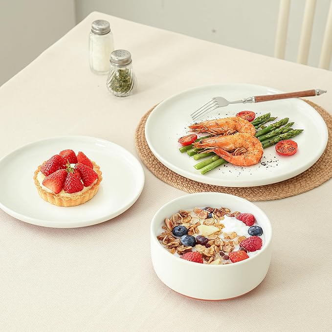 24 Piece Dinnerware Set Dual Glaze Stoneware Plates and Bowls Sets Modern Dinner Plate Salad Plate Cereal Bowl Dish Set for 8 Microwave and Dishwasher Safe Stardust Glaze White