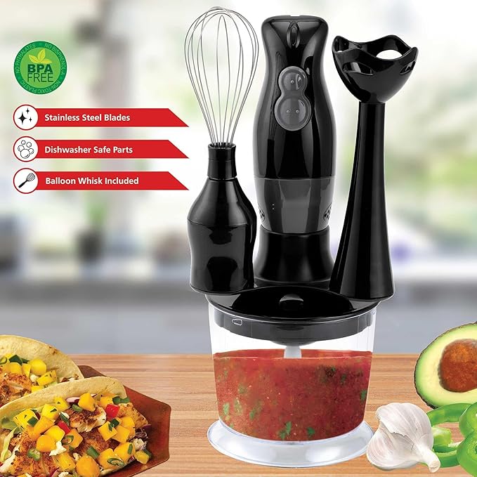 2-Speed Electric Hand Blender with Balloon Whisk – Ergonomic Immersion Blender for Mixing Chopping and Food Processing – Stainless Steel Blades 5ft Cord Dishwasher Safe (Black)
