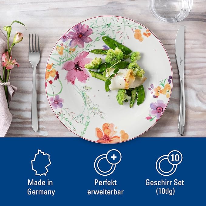 Villeroy &amp Boch 10-4100-8953 Starter Set 10pcs Mariefleur Basic Table Service 10 Pieces Elegant Crockery in a Floral Pattern Premium Porcelain White/Multi-Coloured Dishwasher Safe