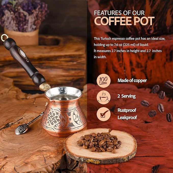 7.6fl Oz Copper Turkish Greek Arabic Coffee Pot with Copper Handle - Cezve Ibrik Briki Stovetop Coffee Maker (Includes Copper Spoon) (2 servings)