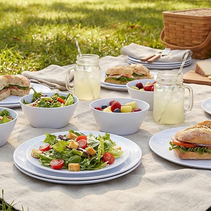 Melamine Dinnerware Set - 12pcs Plates and Bowls for 4Durable Melamine Dishes Set for Everyday Use Lightweight &amp Dishwasher SafeWhite
