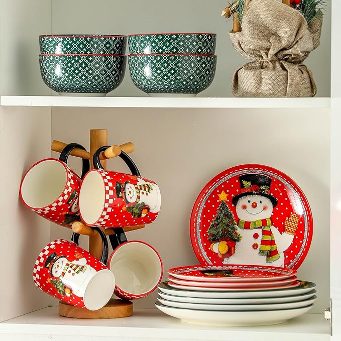 Hasense 16 Pcs Christmas Dishes and 42OZ Pasta Bowl Set of 4