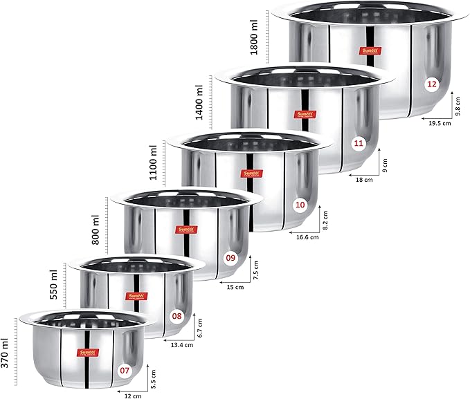 Sumeet Stainless Steel Mini to Big Size Flat Bottom Induction &amp Gas Stove Friendly Tope/Patila/Cookware Set of 6Pcs (370ML 550ML 800ML 1100ML1400ML 1800ML)