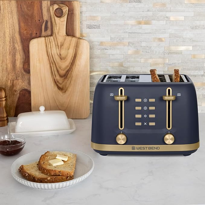 West Bend Timeless 4-Slice Toaster with 7 Browning Levels Bagel/Waffle/Defrost Settings High-Lift Lever Anti-Jam Easy-Clean Crumb Tray 4-Slice Blue/Gold