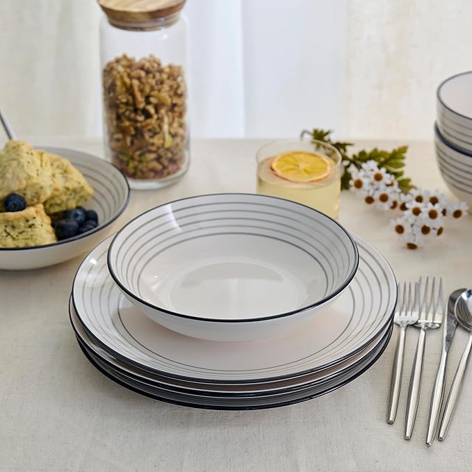 Earth &amp Clay Zeke 12-Piece Dinnerware Set Earthenware Plates and Bowls Set Dishwasher and Microwave Safe Dishes Dish Set for 4 Grey