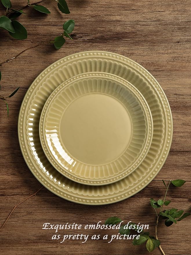 Famiware Garden Plates and Bowls Set for 6 18-Piece Kitchen Dishes Dinnerware Set - Microwave and Dishwasher Safe Scratch Resistant Reactive Glaze and Embossed Stoneware Tableware Yellow