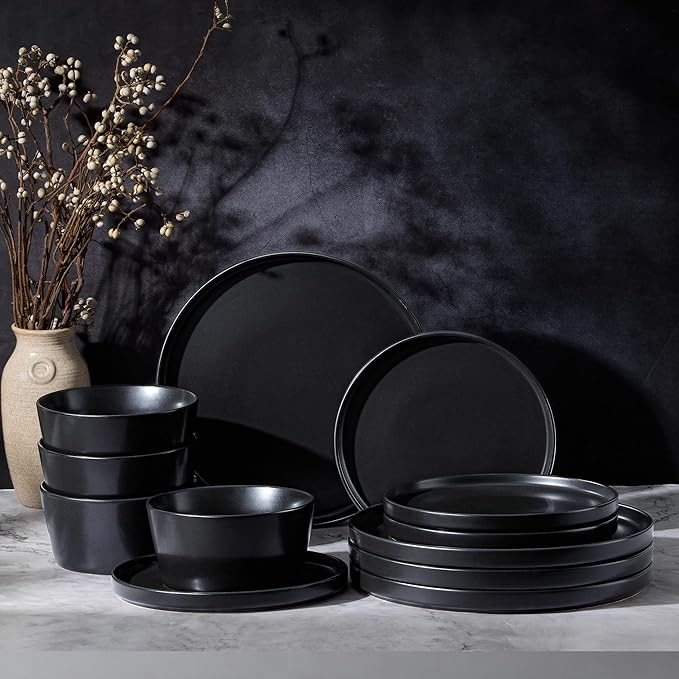 Vesteel Dinnerware Sets for 4 12Pcs Stoneware Plates and Bowls Sets Elegant Tableware set for Home Restaurant Chip &amp Scratch Resistant Dishes Set Black