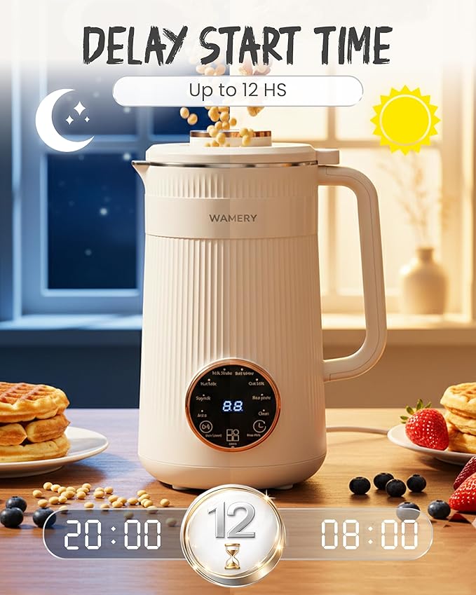 Wamery 32oz Nut Milk Machine (Black) - Soy Milk Maker for Almond &amp Oat Fruit Blender Automatic Heated Programs Self‑Cleaning Delay Start Keep Warm &amp Boil Water 1‑Liter Capacity with Star