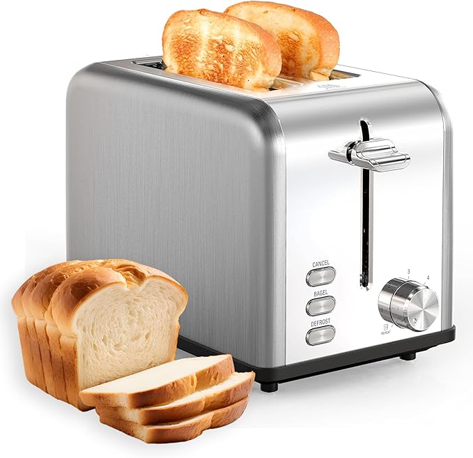 YSSOA Stainless Steel Toaster 2 Slice with Extra Wide Slot &amp Removable Crumb Tray 6 Shade Settings and Bagel/Defrost/Cancel Functions Compact Oven for Various Bread &amp Waffle Silver New