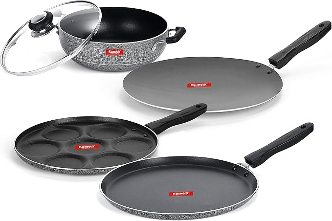 Sumeet NonStick Svartur Cookware Set (Dosa Tawa - 26.5Cm Dia + Multi Snack Maker - 7 Cavity - 26.5Cm Dia + Kadhai with Glass Lid -2Ltr - 22Cm Dia + Conceve/Roti Tawa - 28Cm Dia)