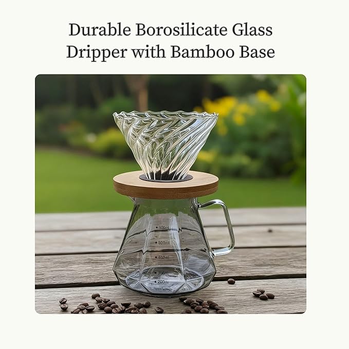 V60 Pour Over Coffee Maker Set with 100 Paper Filters Glass Dripper and 20 oz Carafe Manual Drip Coffee Brewer with Bamboo Base for Home or Office Barista Style Pour Over Kit