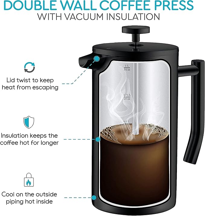 Belwares French Press Coffee Maker 34 Oz - Insulated Coffee Press Stainless Steel 304 - Double Wall &amp 4 Level Filtration System (1 Liter) - Black