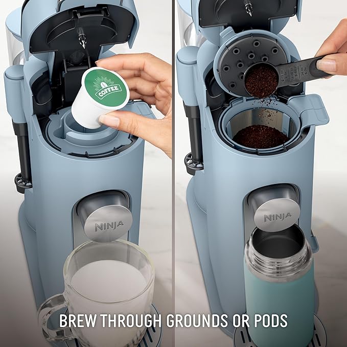 Ninja Pod &amp Grounds Specialty XL Single-Serve Coffee Maker K-Cup Pod Compatible Brews Grounds Compact Design Built-In Milk Frother 68-oz. Reservoir 6oz. Cup-24oz. Mug Sizes Denim Blue PB05