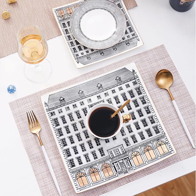 Square Art bone china dinnerware set Ceramic Square Shape Plates and Gold Handle Coffee Cup European style Home Dining &amp Entertaining