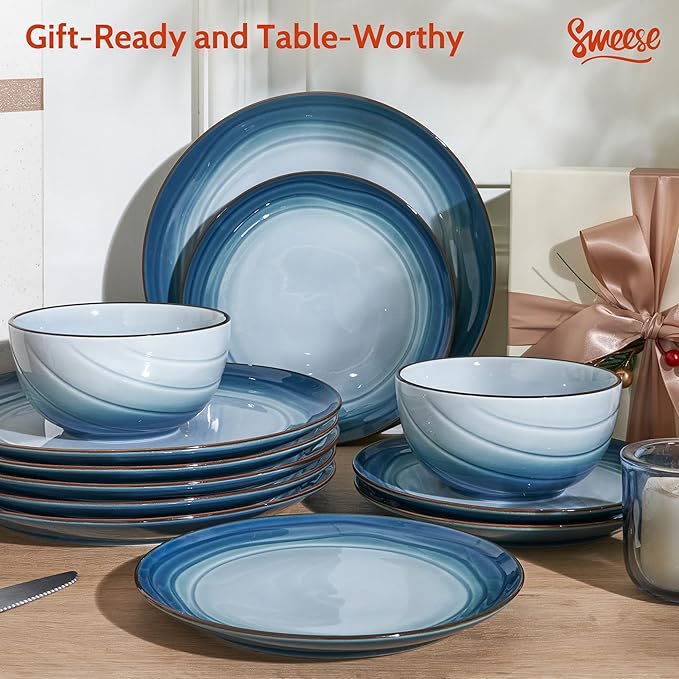 Sweese Porcelain Dinnerware Sets for 6 18 Pieces Ceramic Plates and Bowls Sets Handcrafted Minimalist Dinner Set Chip and Scratch Resistant Dish Set Dishwasher &amp Microwave Safe Ocean Blue