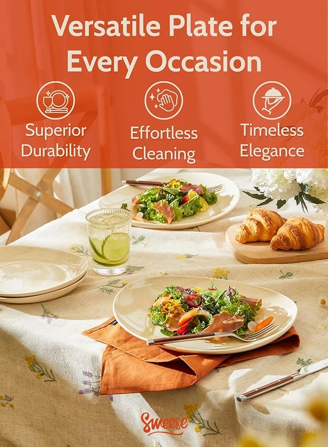 Sweese 11 Inch Porcelain Dinner Plates Set of 6 - Beige Vitrified China Curve Collection Dishwasher Microwave Safe