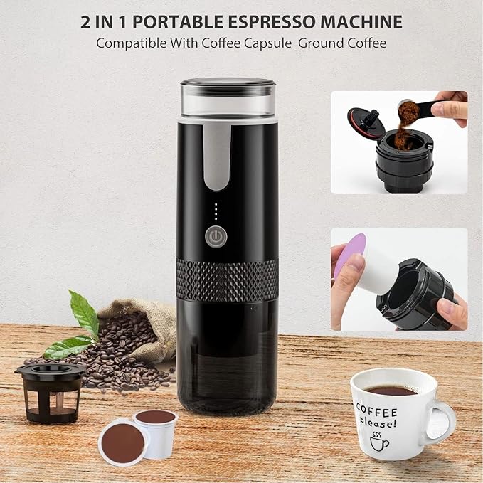 Asixxsix Portable Coffee Maker Rechargeable Espresso Machine Simple to Operate Maker Handheld Mini Coffee Maker Compatible for Capsules Ground Coffee for