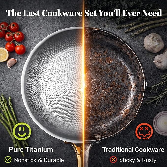 100% Pure Titanium Pan Pro Cookware Set 18cm Milk Pan + 24cm Stock Pot + 28cm Hammered Fry Pans Induction &amp Gas Compatible Easy Clean Oven &amp Dishwasher Safe (7.08+9.44+9.44in)