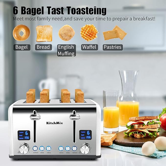 Toaster 4 Slice KitchMix Bagel Stainless Toaster with LCD Timer Extra Wide Slots Dual Screen Removal Crumb Tray (White)