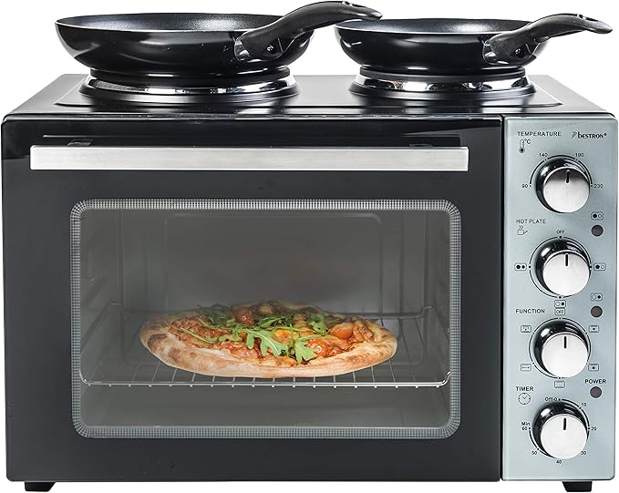 Bestron AOV31CP Small Kitchen Mini Oven with Double Hob Top/Bottom Heat with Convection Air up to 230 ° C 3200 Watt Black
