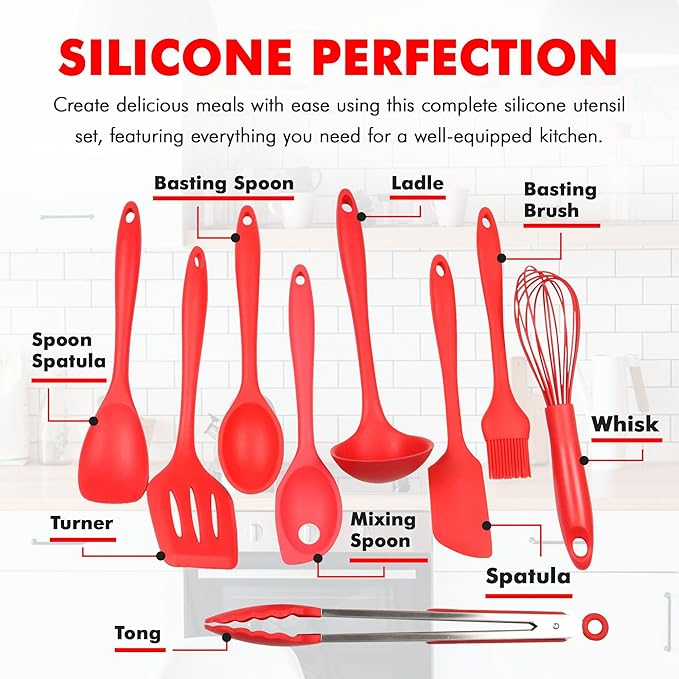 Chef Craft Premium Silicone Kitchen Tool and Utensil Set 9 Piece Red
